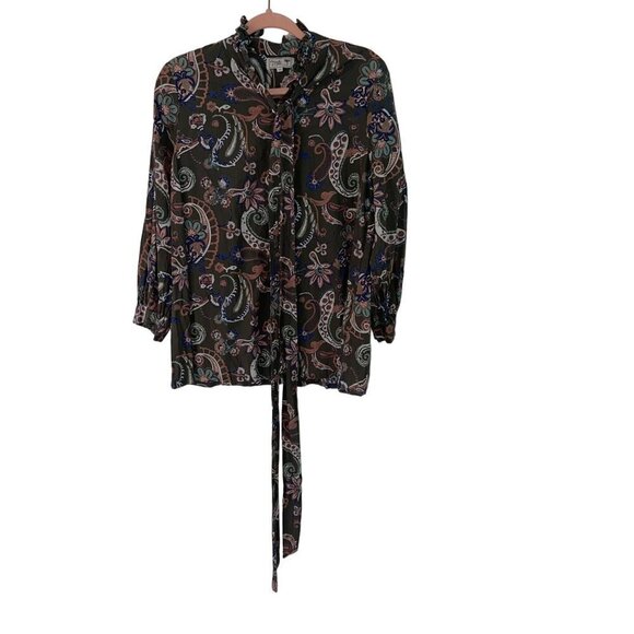 Mille Top Size XS Green Multicolor Le Marais Paisley Button Front Tie Neck - Picture 10 of 10